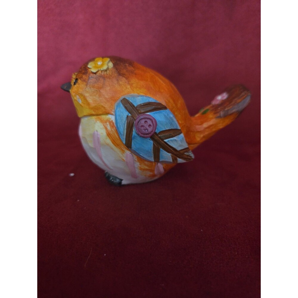 Orange Ceramic Bird Figurine Blue Painted Wing Pink Button Detail Shelf Decor